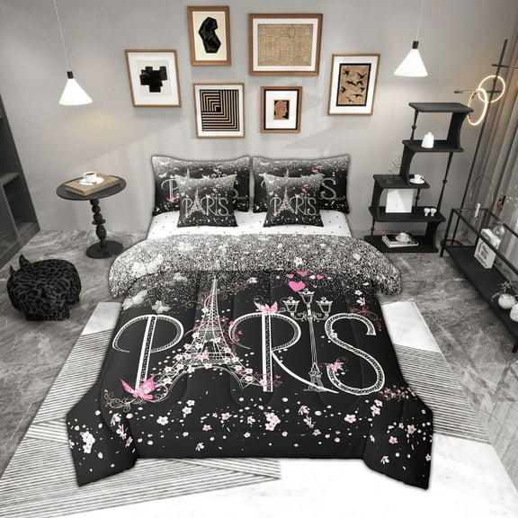 Erosebridal Eiffel Tower Paris Print Bed in a Bag Twin Size, Pink Butterfly Flower Bed Set, Super Cozy Bed Sheets Setp with Comforter, Black Bedroom Decorative, Reversible 7 Pieces