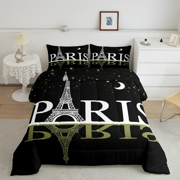 Erosebridal Eiffel Tower Print Bedding King Comforter Set, Paris Down Comforter, Lover Couple Reversible Comforters & Duvets, Breathable Room Decorative, 3-Piece