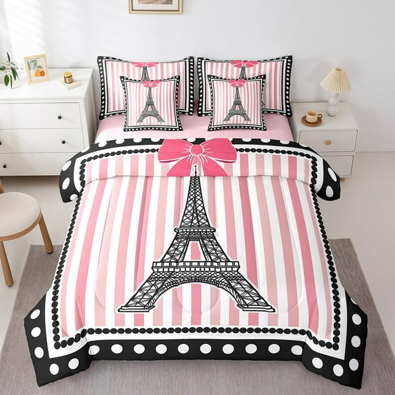 Erosebridal Eiffel Tower Print Bedding Queen Size, Romantic Bed Set, Stripes Geometric Reversible Bedding Sets Queen Size, Ultra Soft Room Decorative, 7pcs