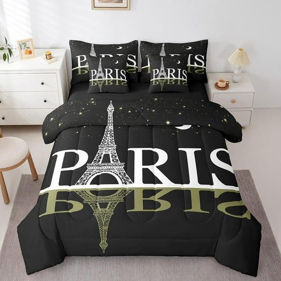 Erosebridal Eiffel Tower Print Bedding Sets Twin Size, Paris Comforter Sets with Sheets, Lover Couple Reversible Bed Set, Breathable Room Decorative, 7-Piece