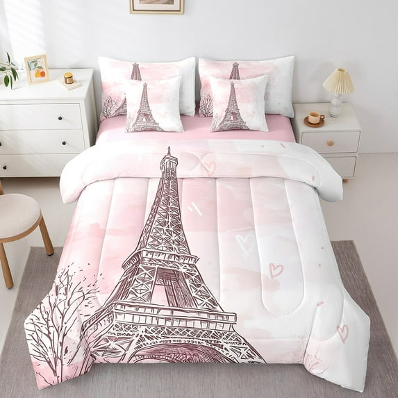 Erosebridal Eiffel Tower Print Bedding Sets Twin Size, Pink Comforter Sets with Sheets, Valentines Day Decor, Reversible 7 Pieces
