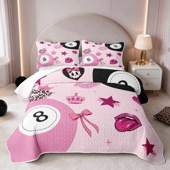 Erosebridal Eight Ball Bed Spread Queen Lips Queen Coverlet Set, Baby Pink 3 Pieces 1 Quilt and 2 Pillowcases