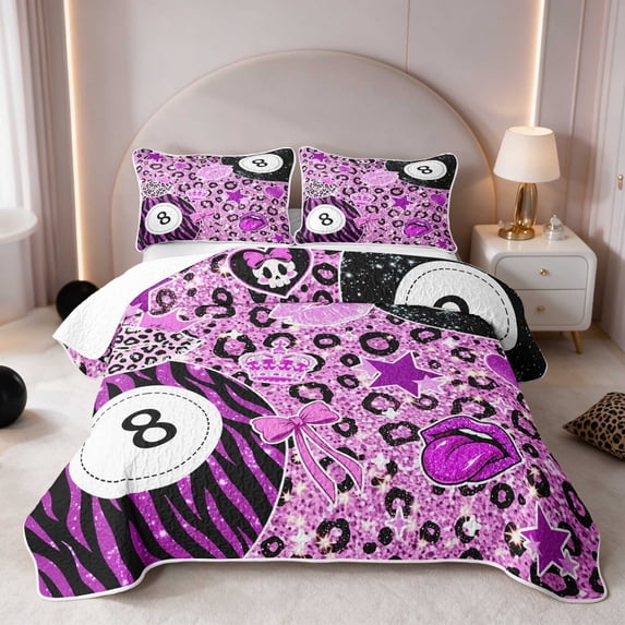Erosebridal Eight Ball Quilt King Pink King Coverlet Set, Rose Leopard 3pcs 1 Bedspread and 2 Pillowcases