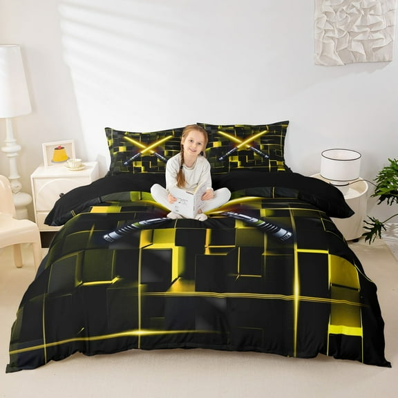 Erosebridal Electric Games Comforter Cover Twin,Neon Light Bedding Twin Size,Glowing Yellow Ombre Checkered Duvet Cover Twin For Teens,Ultra Soft Bedroom Decoration Reversible,3pcs（No Comforter）
