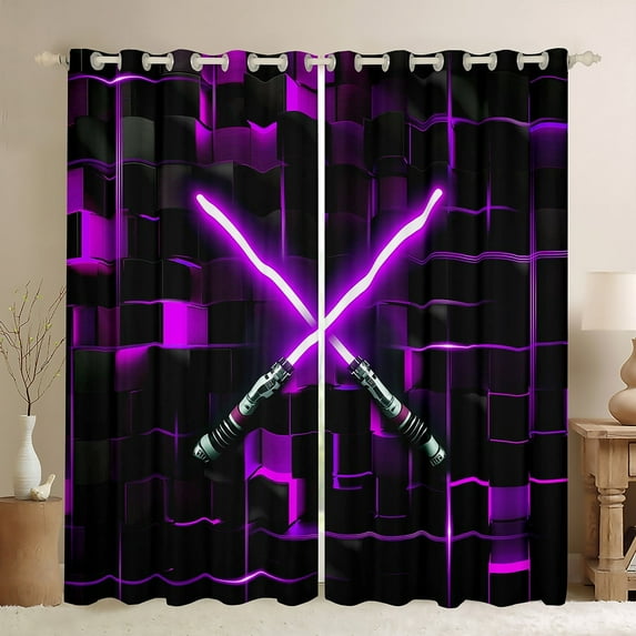 Erosebridal Electric Games Curtains and Drapes(42x63),Purple Neon Light BlackoutCurtains for Bedroom,Glowing Ombre Checkered Curtains Pack of 2(42x63)For Teens,Ultra Soft Bedroom Decoration