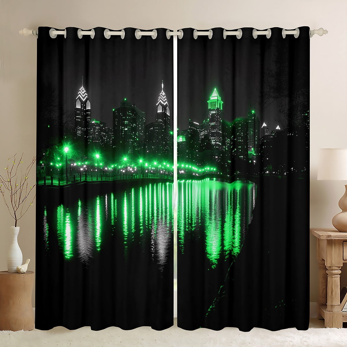 Erosebridal Electric Nights Curtains Pack of 2 (42x84), Modern River Cityscape 30%-50% Black Out Curtains, Green Black Room Decor