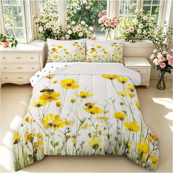 Erosebridal Elegant Bee King Size Comforter Sets,Graceful Flower Comforters King Size,White Yellow,Polkadot Reversible,3-Piece,1 Comforter and 2 Pillowcases