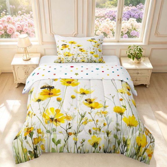 Erosebridal Elegant Bee Twin Comforter Sets,Graceful Flower Bedding Set,White Yellow,Polkadot Reversible,2-Piece,1 Comforter and 1 Pillowcase