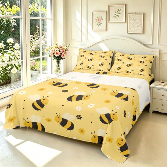 Erosebridal Elegant Bug Bee Bed Sheets,Graceful Sunflower Floral Full Size Sheets,Beige Black,4 Pieces,1 Flat Sheet,1 Fitted Sheet and 2 Pillowcases
