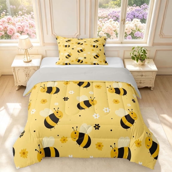 Erosebridal Elegant Bug Bee Twin Comforter Sets,Graceful Sunflower Floral Bedding Set,Beige Black,Light Gray Reversible,2-Piece,1 Comforter and 1 Pillowcase