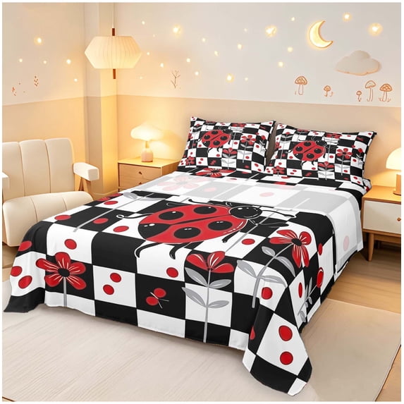 Erosebridal Elegant Bug Ladybug Bed Sheets,Vintage Flower Full Size Sheets,Black Silver,4 Pieces,1 Flat Sheet,1 Fitted Sheet and 2 Pillowcases