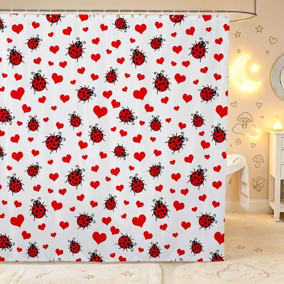 Erosebridal Elegant Bug Ladybug Shower Curtain 72Wx78L,Cute Heart Bath Curtain,Red Burgundy