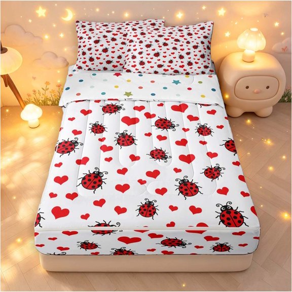 Erosebridal Elegant Bug Ladybug Zipper Full Size Comforter Sets with Fitted Sheet and 2 Pillowcases,Cute Heart Zipper Bedding Set,Red Burgundy,Polkadot Reversible,4pcs