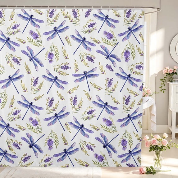 Erosebridal Elegant Dragonfly Shower Curtain 72Wx72L,Coastal Daisy Flowers Bathroom Curtain,White Blue