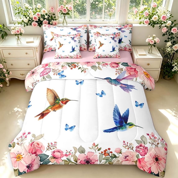 Erosebridal Elegant Hummingbird 7-Piece King Bedding,Graceful Tropical King Bed in a Bag,White Pink,Pink Reversible