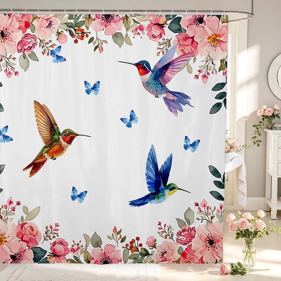 Erosebridal Elegant Hummingbird Shower Curtain 72Wx78L,Graceful Tropical Bath Curtain,White Pink