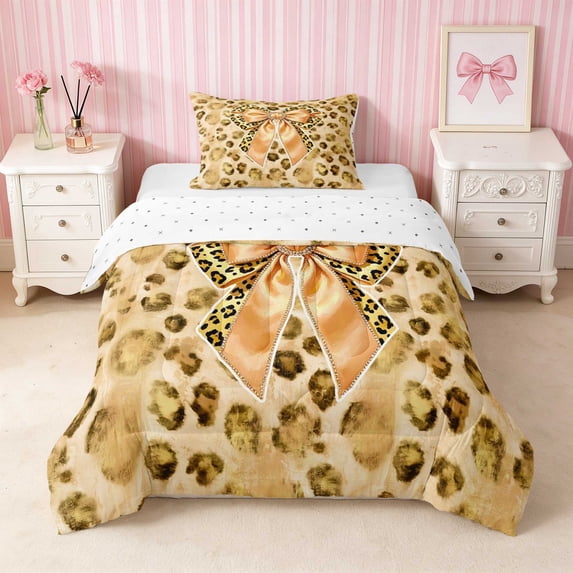 Erosebridal Elegant Satin Bow Ribbon Twin Comforter Sets for Girls, Romantic Floral Print Bedding Set, Reversible 2pcs 1 Comforter and 1 Pillowcase