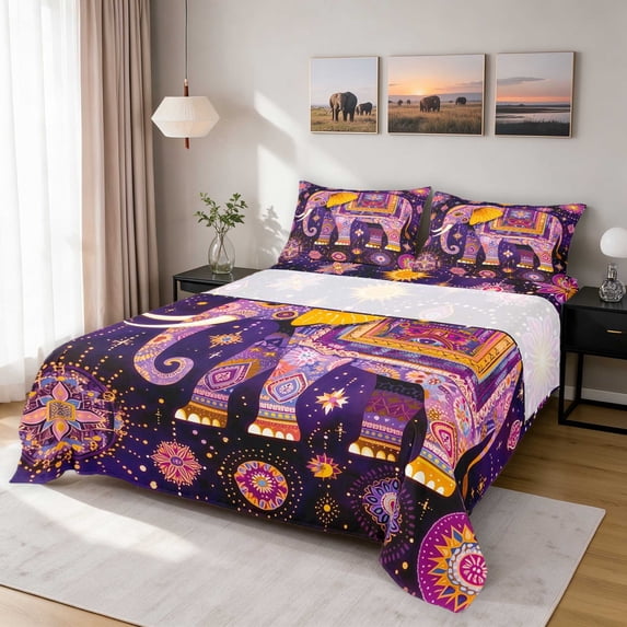 Erosebridal Elephant Bed Sheets, Purple Mandala Full Size Sheets, 4pcs 1 Flat Sheet 1 Fitted Sheet and 2 Pillowcases