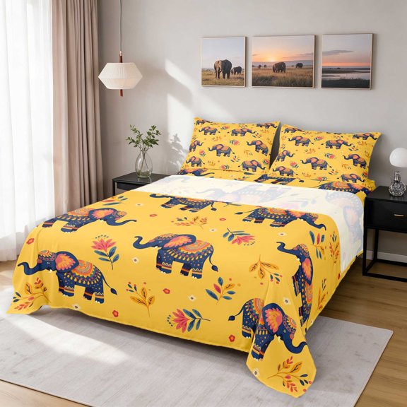 Erosebridal Elephant Bed Sheets for Boys Girls, Folk Art Pattern Full Size Sheets, 4 Pieces 1 Flat Sheet 1 Fitted Sheet and 2 Pillowcases
