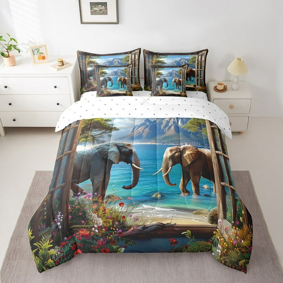 Erosebridal Elephant Bedding Sets Twin Size for Teens, Colorful Flower Plant Comforter Sets with Sheets, Blue Lake Decor, Reversible
