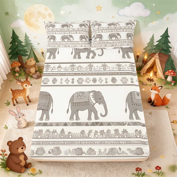 Erosebridal Elephant Fitted Sheet Full for Boys Girls, Boho Stripes Bed Set, 3pcs 1 Fitted Sheet and 2 Pillowcases