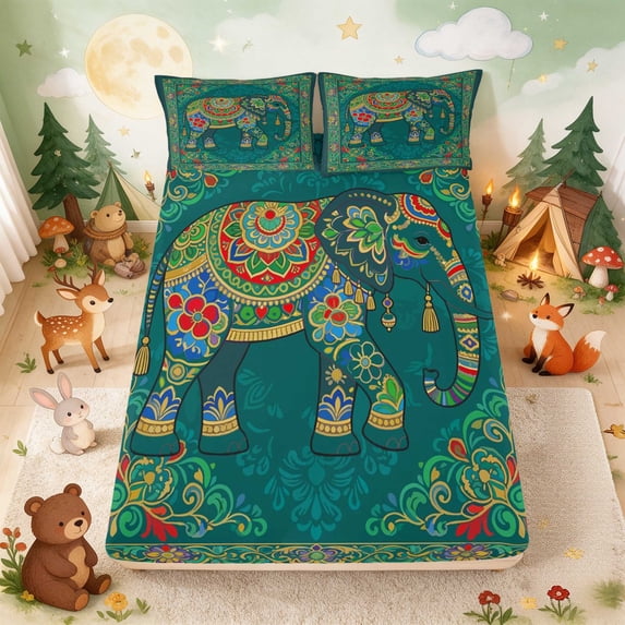 Erosebridal Elephant Fitted Sheet Full for Boys Girls, Mandala Floral Bed Set, 3 Pieces 1 Fitted Sheet and 2 Pillowcases