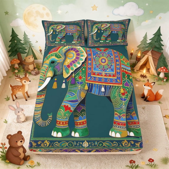 Erosebridal Elephant Fitted Sheet Full for Boys Girls, Ornate Pattern Bed Set, 3-Piece 1 Fitted Sheet and 2 Pillowcases