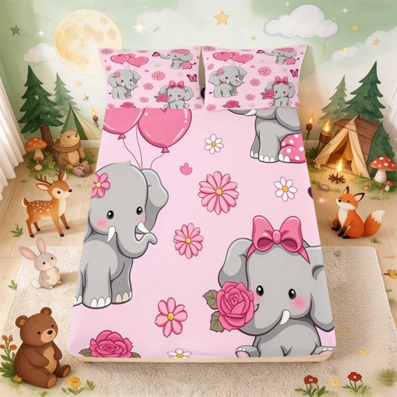 Erosebridal Elephant Fitted Sheet Full for Girls, Baby Pink Flowers Bed Set, 3-Piece 1 Fitted Sheet and 2 Pillowcases