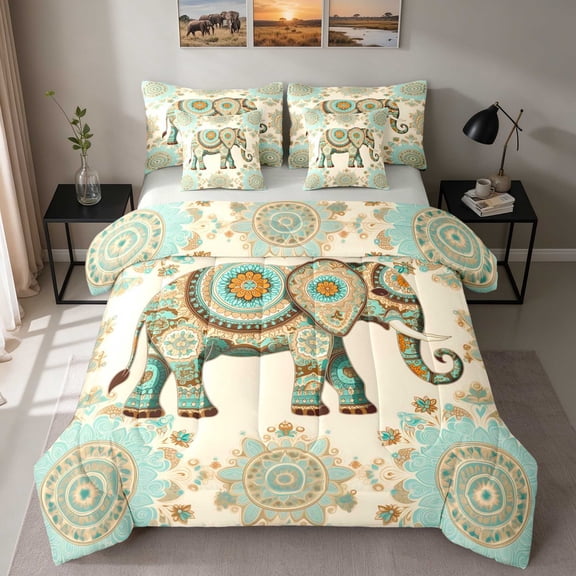 Erosebridal Elephant Full Size Bedding Sets, Mandala Blue Full Size Bed in a Bag, Gray Reversible 7-Piece