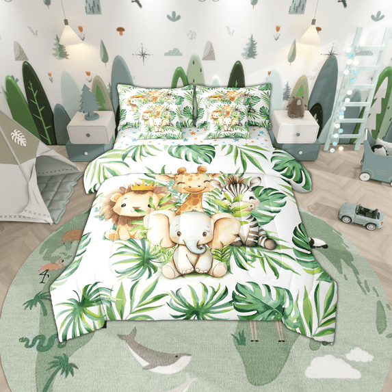 Erosebridal Elephant Lion Zebra Bedding Sets Twin Size,Tropical Leaves Comforter Sets with Sheets,Cartoon Animal Bed in a Bag Twin size,Ultra Soft Kawaii Bedroom Decoration,Reversible,7-Piece