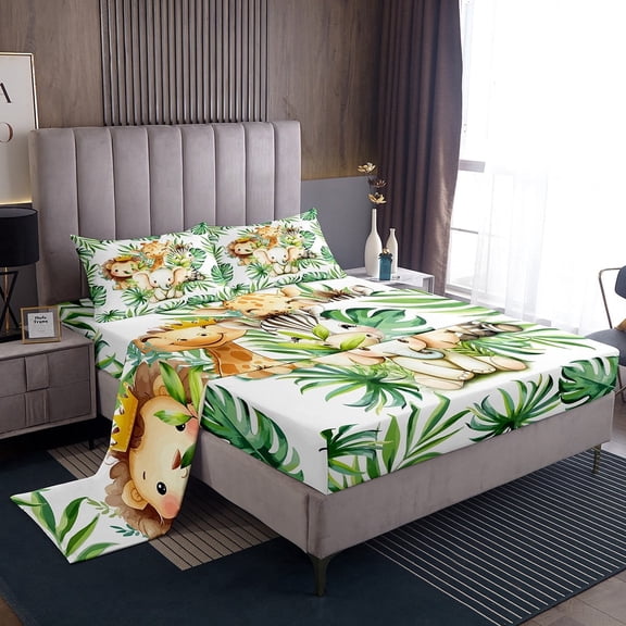 Erosebridal Elephant Lion Zebra Sheet Set Twin,Tropical Leaves Bedding Sets Twin Size,Cartoon Animal Twin Sheet Sets,Ultra Soft Kawaii Bedroom Decoration,3pcs