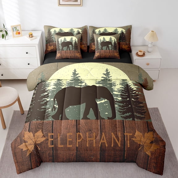 Erosebridal Elephant Print Bedding Twin Size, Woodland Wildlife Bedding Sets Twin Size, Rustic Farmhouse Reversible Comforter Sets with Sheets, Lightweight Room Decor, 7pcs