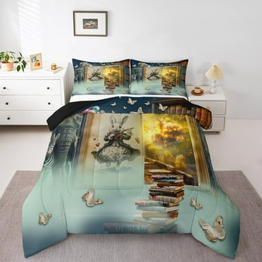 Erosebridal Elephant Rabbit Zebra Comforter Sets,Bookshelf Butterfly Comforters & Duvets,Lightweight Reversible Bedding Comforter Set,Jungle Animal Decor