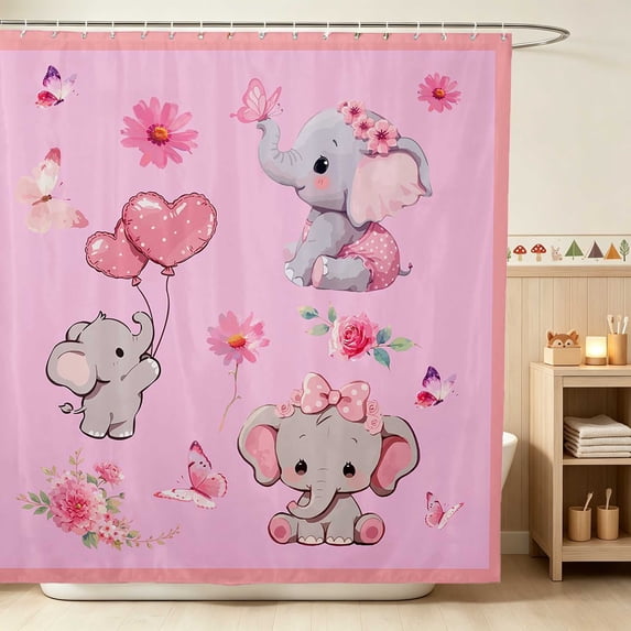 Erosebridal Elephant Shower Curtain 72Wx78L for Girls, Pink Butterflies Waterproof Bath Curtain
