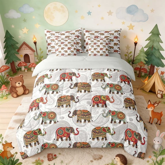 Erosebridal Elephant Twin Bedding for Boys Girls, Boho Paisley Bedding Comforter Set, Gray Reversible 7 Pieces