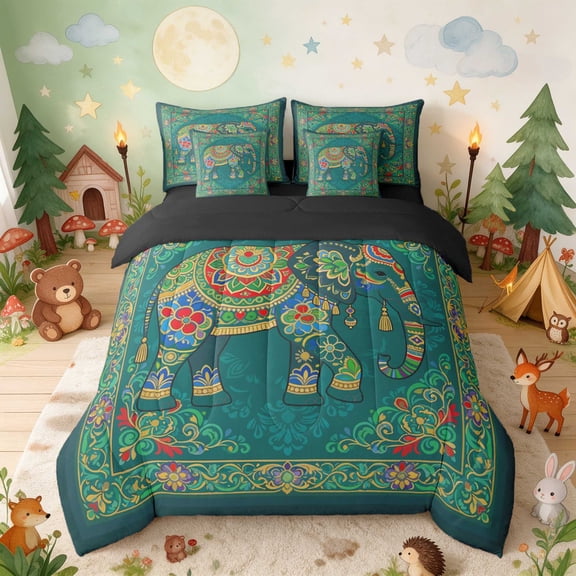 Erosebridal Elephant Twin Bedding for Boys Girls, Mandala Floral Bedding Comforter Set, Black Reversible 7pcs