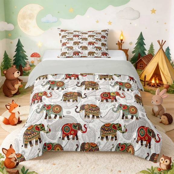 Erosebridal Elephant Twin Comforter Sets for Boys Girls, Boho Paisley Bedding Set, Gray Reversible 2 Pieces 1 Comforter and 1 Pillowcase