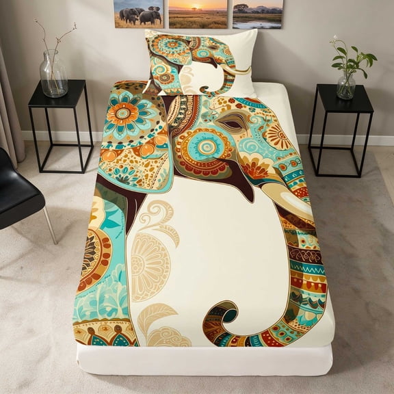 Erosebridal Elephant Twin Fitted Sheet, Mandala Cream Bedding, 2pcs 1 Fitted Sheet and 1 Pillowcase
