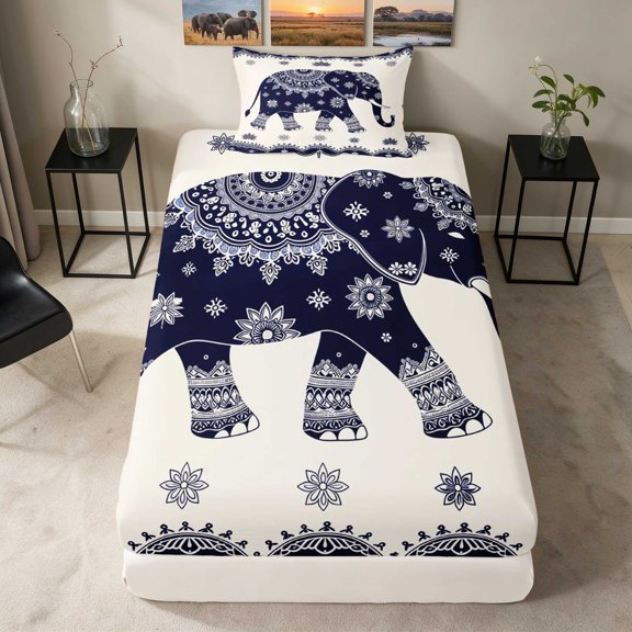 Erosebridal Elephant Twin Fitted Sheet, Navy Mandala Bedding, 2pcs 1 Fitted Sheet and 1 Pillowcase
