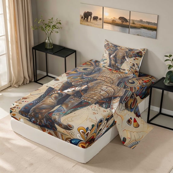 Erosebridal Elephant Twin Sheets, Folk Art Pattern Bedding, 3 Pieces 1 Flat Sheet 1 Fitted Sheet and 1 Pillowcase
