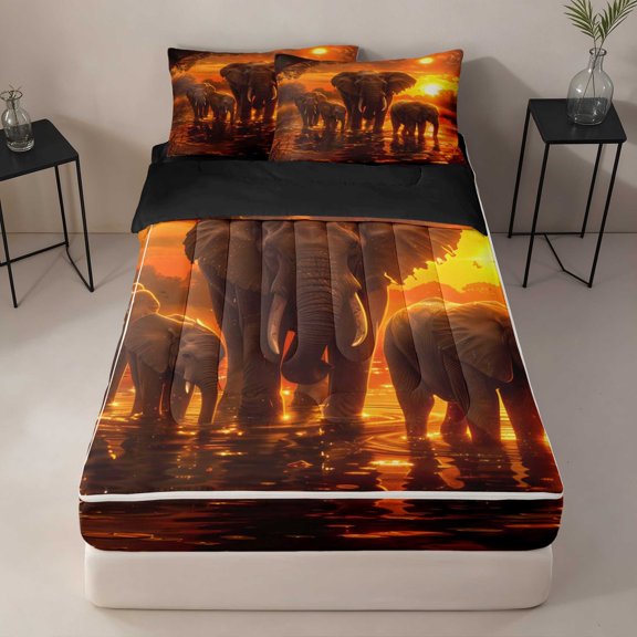 Erosebridal Elephant Zipper Twin Comforter Sets with Fitted Sheet and 2 Pillowcases, Golden Sunset Zipper Bedding Set, Black Reversible