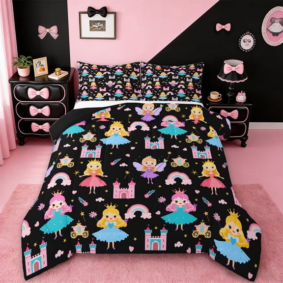 Erosebridal Elf Princess Comforter Sets Twin Size,Colorful Cartoon Girl Comforters & Duvets,Castle Rainbow Stars Bedding Twin Comforter Set For Girls,Microfiber Bedroom Decoration Reversible,2-Piece
