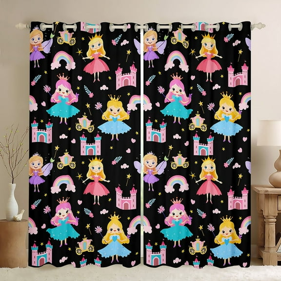 Erosebridal Elf Princess Curtains for Living Room,Colorful Cartoon Girl Blackout Curtains Set of 2(38x54),Castle Rainbow Stars Curtains and Drapes(38x54) For Girls,Microfiber Bedroom Decoration