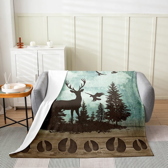 Erosebridal Elk Deer Throw Blanket Twin 60x80 Inch Rustic Pine Trees Blanket ,Woodland Animals Fleece Blanket Retro Brown Lodge Cabin Wildlife Reindeer Moose Paw Print Farmhouse Decor