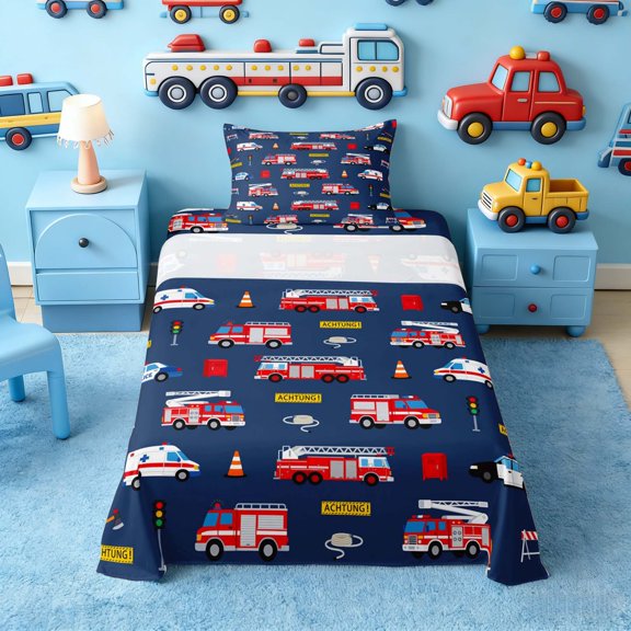 Erosebridal Emergency Service Vehicle Twin Sheet Sets for Boys and Girls, Red Blue White Police Fire Ambulance Bedding, 3-Piece, 1 Flat Sheet, 1 Fitted Sheet and 1 Pillowcase