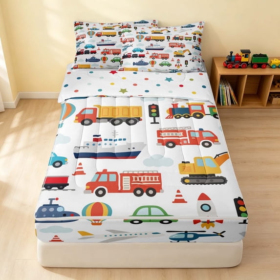 Erosebridal Emergency Vehicle Zipper Full Size Comforter Sets with Fitted Sheet and 2 Pillowcases, Fire Truck Zipper Bedding Set, Emergency Vehicles, Polka Dots Reversible