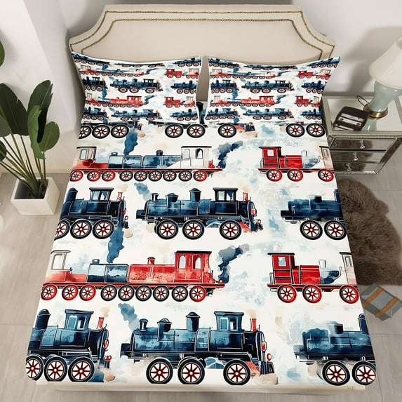 Erosebridal Engine Train Fitted Sheet Set Twin, Cartoon Truck Bedding Twin Size, Railway Decor 2pcs