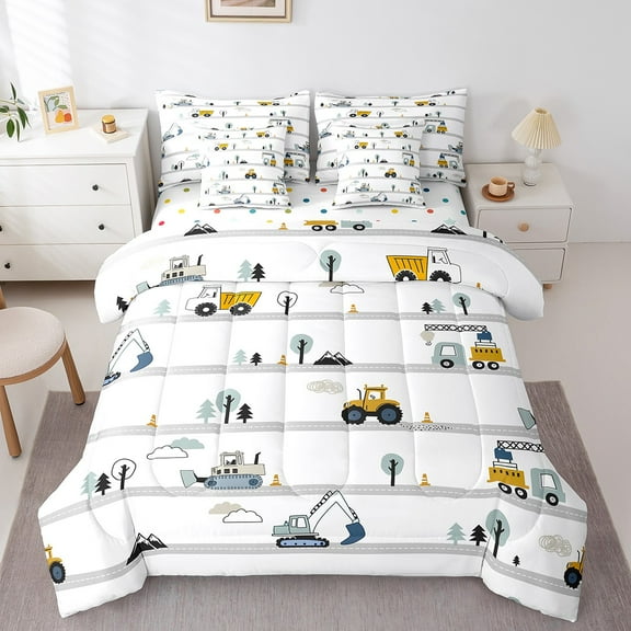 Erosebridal Equipment Truck Bedding Sets Twin Size,Cartoon Car Comforter Sets with Sheets,Tractor Excavator Bed in a Bag Twin size,Breathable Kawaii Bedroom Decoration,Reversible,7-Piece
