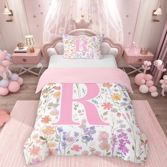 Erosebridal Erosebridal Girls Pink Floral Twin Bedding, Garden Flower Duvet Cover Set, R Letter, Pink Reversible, 1 Duvet Cover and 1 Pillowcase (No Comforter)