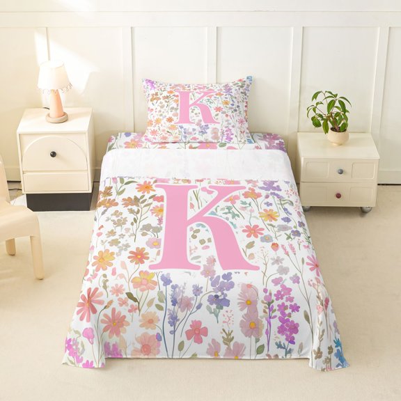 Erosebridal Erosebridal Girls Pink Floral Twin Sheet Sets, Garden Flower Bedding, K Letter, 1 Flat Sheet, 1 Fitted Sheet and 1 Pillowcase